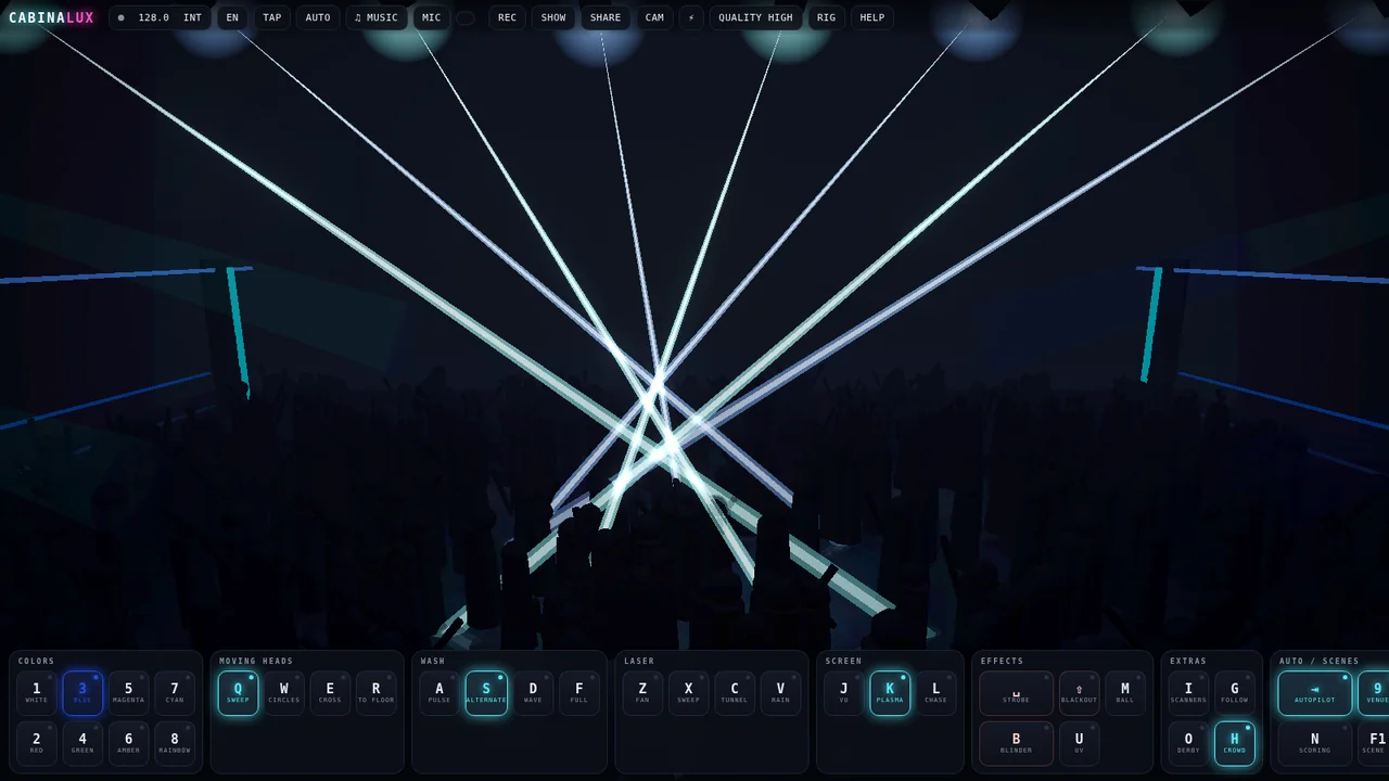Cabina Lux: white and cyan beams crossing over the dance floor and converging in the middle of the room.