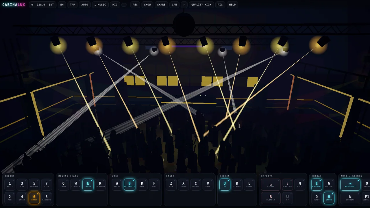 Cabina Lux: a 3D nightclub seen from the dance floor, moving heads on the truss casting amber beams over a crowd of silhouettes.